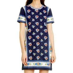 New Tory Burch Blue Floral Print T-shirt Short Casual Dress large